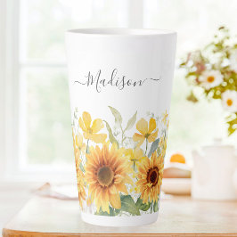 Caneca De Café Latte Monograma Flor Amarelo Girassol Floral Botânica