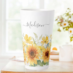 Caneca De Café Latte Monograma Flor Amarelo Girassol Floral Botânica