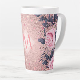 Caneca De Café Latte MONOGRAMA Floral Azul Cor-de-Rosa Negra Girliest E