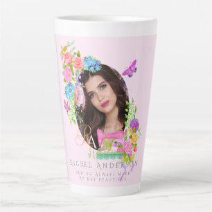 Caneca De Café Latte Monograma Floral de Fita de Costura Cor-de-Rosa