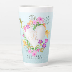 Caneca De Café Latte Monograma Floral de Jardim Azul Cardíaco