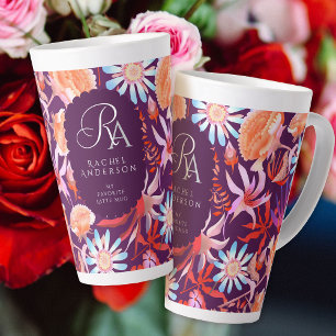 Caneca De Café Latte Monograma Floral Místico Bloqueado