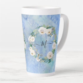 Caneca De Café Latte Monograma Floral Watercolor Wash Blue White Script