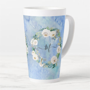Caneca De Café Latte Monograma Floral Watercolor Wash Blue White Script