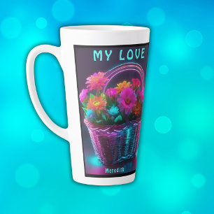 Caneca De Café Latte Monograma Flores de Coloração Brilhante num Cesto
