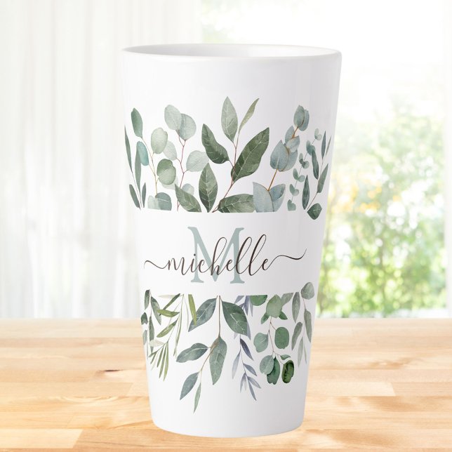 Caneca De Café Latte Monograma Folhas de Eucalipto Verde Sage  (In situ)