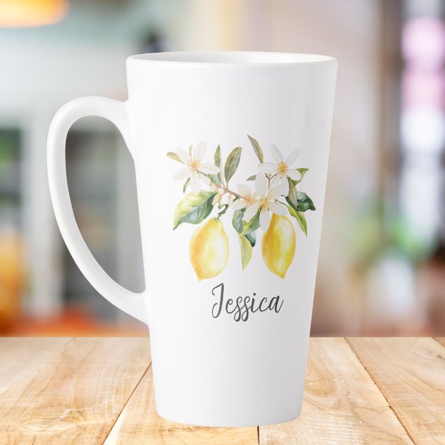 Caneca De Café Latte Monograma Frutas de Limão Flores Brancas Galho de  (In situ)