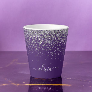 Caneca De Café Latte Monograma Glam Glitter Rosa Prateado Garota 