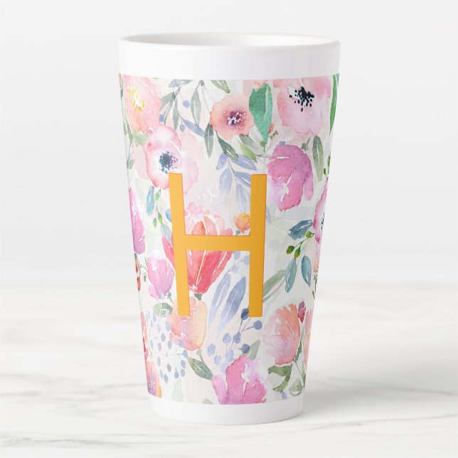 Caneca De Café Latte Monograma impermeável de flores rosadas (Frente)