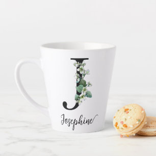 Caneca De Café Latte Monograma J Nome Personalizado Flores Jasmine Eleg