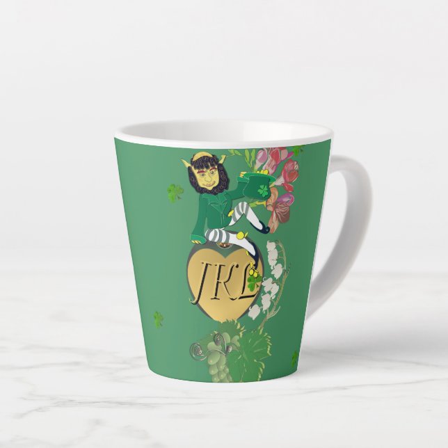 Caneca De Café Latte Monograma Leprechaun Floral (Ângulo direito)