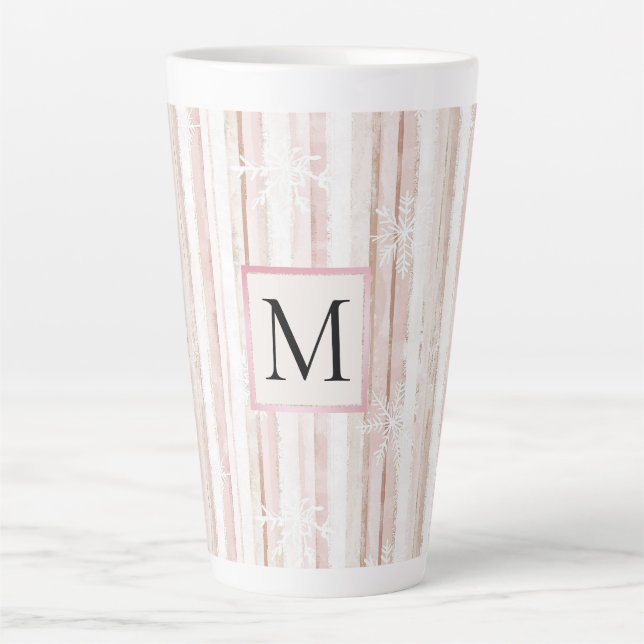 Caneca De Café Latte Monograma Listras Flocos de Neve Rosa Branco (Frente)