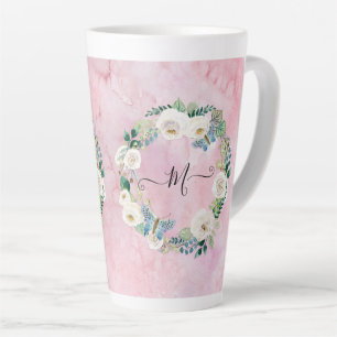 Caneca De Café Latte Monograma Moderna Borboleta Floral Cor de Água Ros