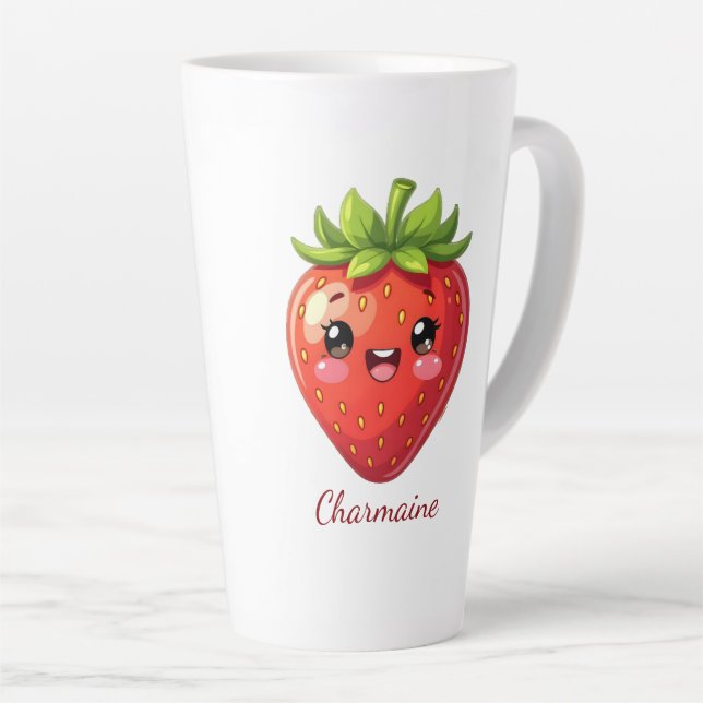 Caneca De Café Latte Monograma morango kawaii fofo (Ângulo direito)