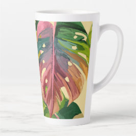 Caneca De Café Latte Monograma Personalizado Folhas Tropicais Colorido