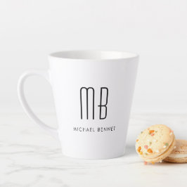 Caneca De Café Latte Monograma Preto e Branco Elegante Minimalista