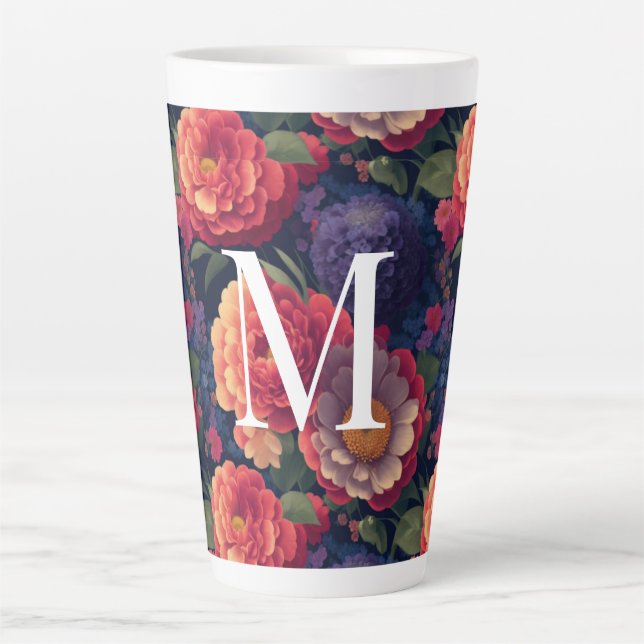 Caneca De Café Latte Monograma romântico floral vermelho-alaranjado ele (Frente)