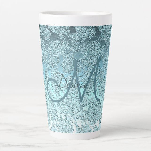 Caneca De Café Latte Monograma Teal Green Girly Elegant Art Floral (Frente)