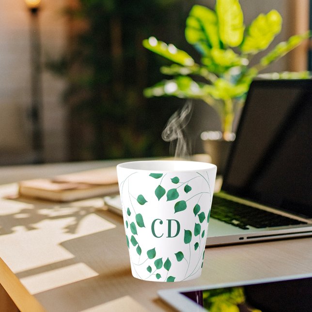 Caneca De Café Latte Monograma verde folhagem verde verde (Criador carregado)