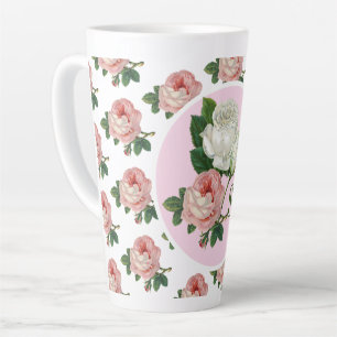 Caneca De Café Latte Monograma Vintage Rosa Floral Chic