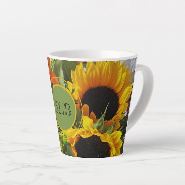 Caneca De Café Latte Monograma Vivid Girassóis Foto Impressão de 12oz (Ângulo direito)