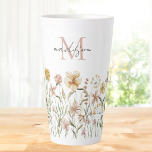 Caneca De Café Latte Monogramas Cores Aquáticas Flores Prateadas