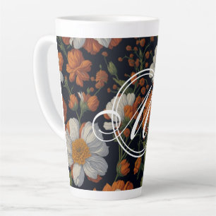 Caneca De Café Latte Moody Elegante Laranja, branco, flores retro elega