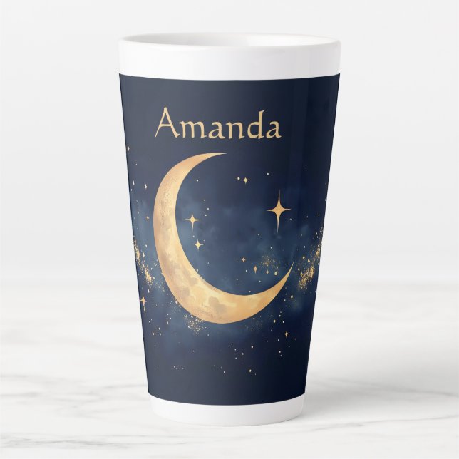 Caneca De Café Latte Moon Personalizado Crescente e Estrelas Noite Sky (Frente)