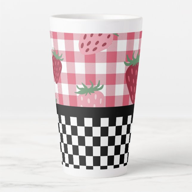 Caneca De Café Latte Morangos Caprichosos e Xadrez  (Frente)