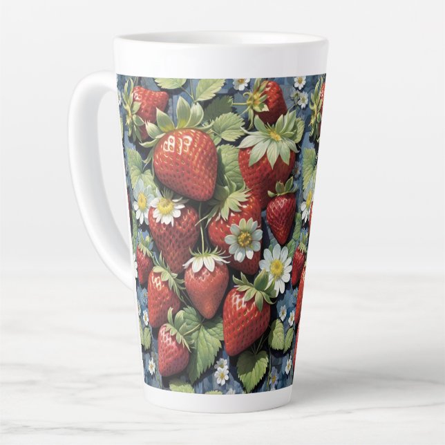 Caneca De Café Latte Morangos Frescos Colhidos e Flores Brancas (Ângulo esquerdo)