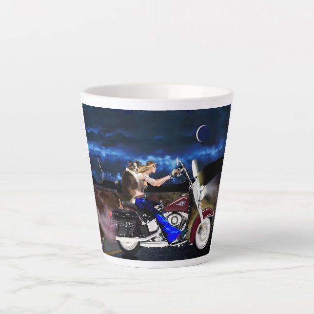 Caneca De Café Latte Motocicleta caminha com seu cachorro, Fantasy Cup (Frente)