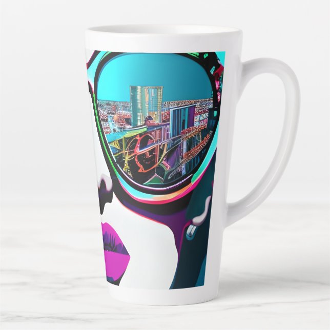 Caneca De Café Latte Mulher Abstrata em Óculos de Sol Reflexo da Cidade (Direita)