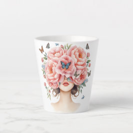 Caneca De Café Latte Mulher Bonita com Rosas Pink Gigantes e Borboleta