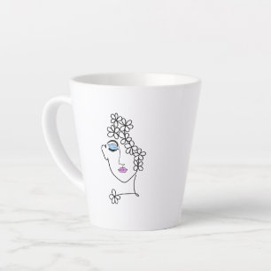 Caneca De Café Latte Mulher Com Arte de Linha de Flores