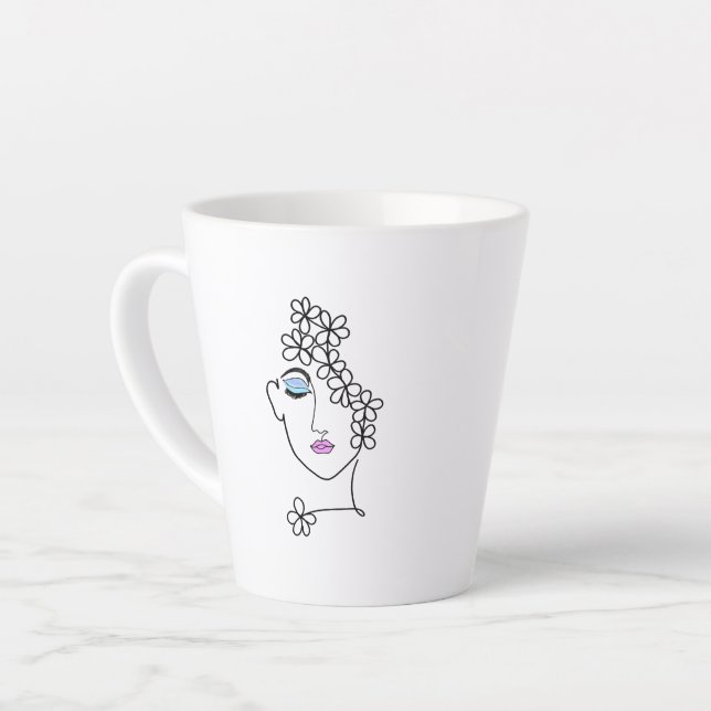 Caneca De Café Latte Mulher Com Arte de Linha de Flores (Ângulo esquerdo)