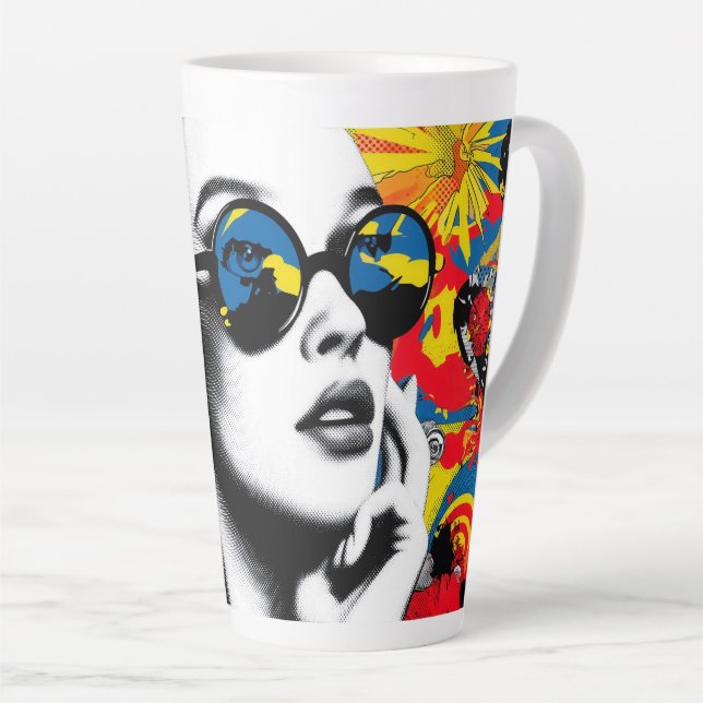 Caneca De Café Latte Mulher de arte pop com óculos de sol (Ângulo direito)