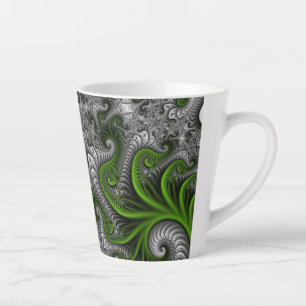 Caneca De Café Latte Mundo Fantástico Arte Fractal Abstrata Verde e Cin
