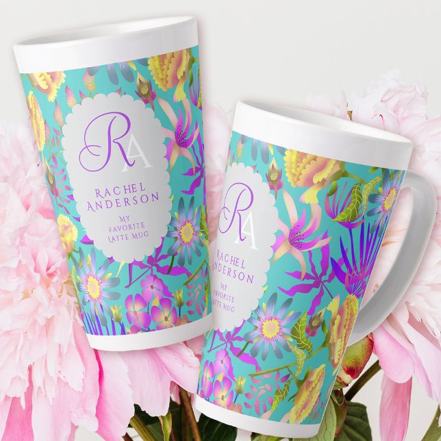 Caneca De Café Latte Mystical Floral Monograma Teal Lata (Blooming Mystical Floral Monogram Teal Latte Mug. )