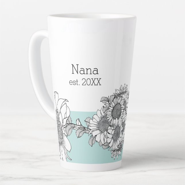 Caneca De Café Latte Nana Est. Turquesa de girassol desenhada à mão (Ângulo esquerdo)