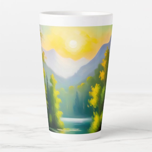 Caneca De Café Latte Nascer do sol sobre montanhas cobertas de neve e l (Frente)