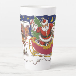 Caneca De Café Latte Natais vintages, Jolly Papai Noel com Sleigh