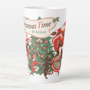 Caneca De Café Latte Natais vintages Papai Noel e Crianças Dançantes
