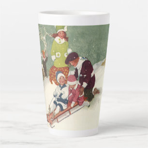Caneca De Café Latte Natal Antigo, Crianças Deslizando no Trono na Neve