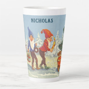 Caneca De Café Latte Natal Antigo, Elfos na Floresta de Neve de Inverno