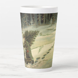 Caneca De Café Latte Natal Antigo, Papai Noel Carregando uma Árvore