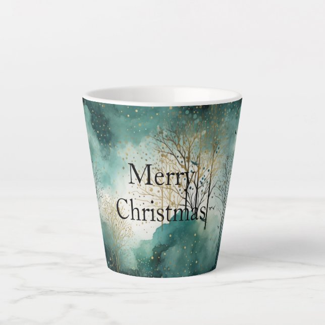 Caneca De Café Latte Natal das Árvores Douradas Verde (Frente)