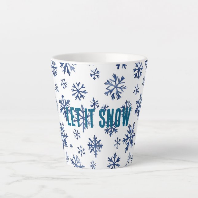 Caneca De Café Latte Natal de Flocos de Neve Brancos Azuis (Frente)