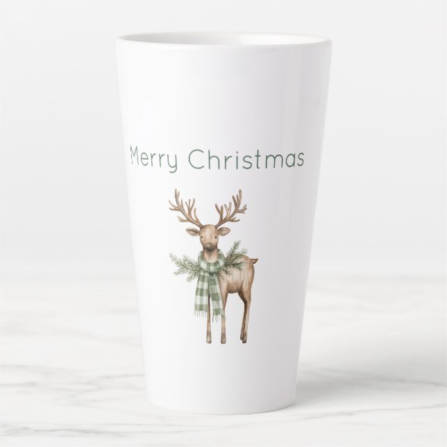 Caneca De Café Latte Natal Veado Marrom Rústico Creme Verde (Frente)