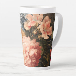 Caneca De Café Latte Natureza-Morta Floral Vintage com Florada Vermelha