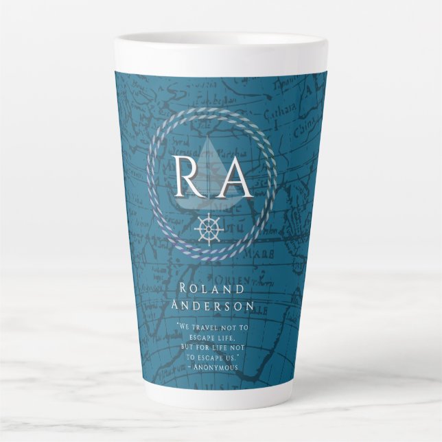 Caneca De Café Latte Nautical Rope Monogram Map Blue (Frente)